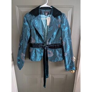 NWT Y2K 00s Arden B Floral Jacquard Blazer with Velvet Trim Blue Sz Medium